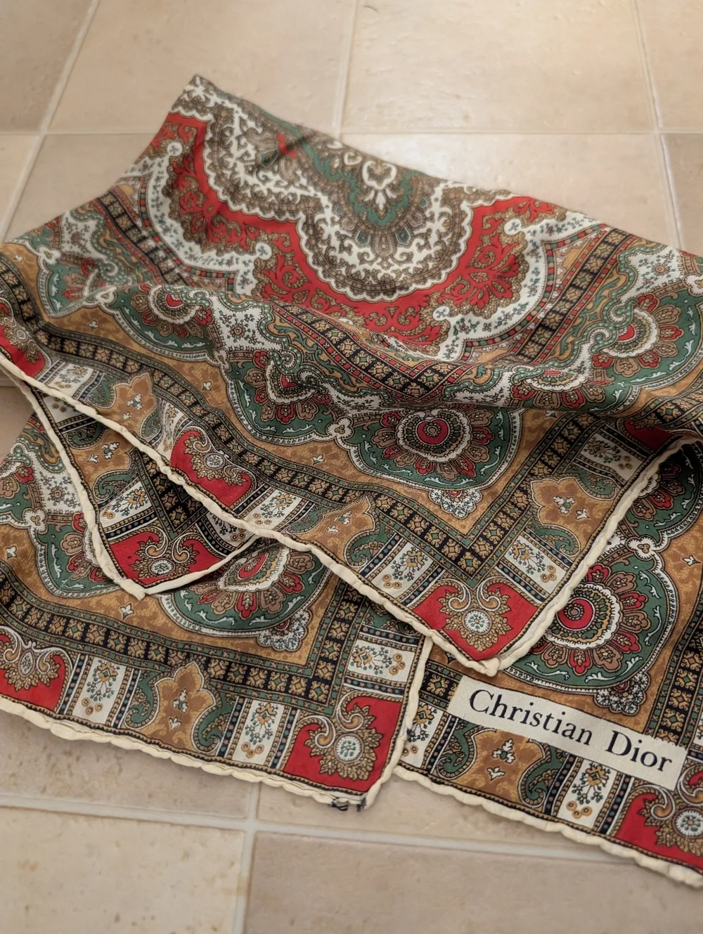 Vintage Silk Christian Dior Neck Scarf in Red, Green & Brown